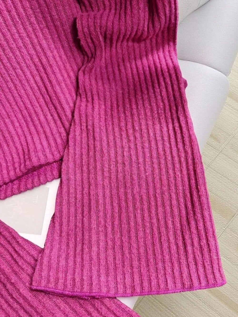 Hot Pink Casual Women's Long Sleeve Ribbed Knit Top - Picture 3 of 4